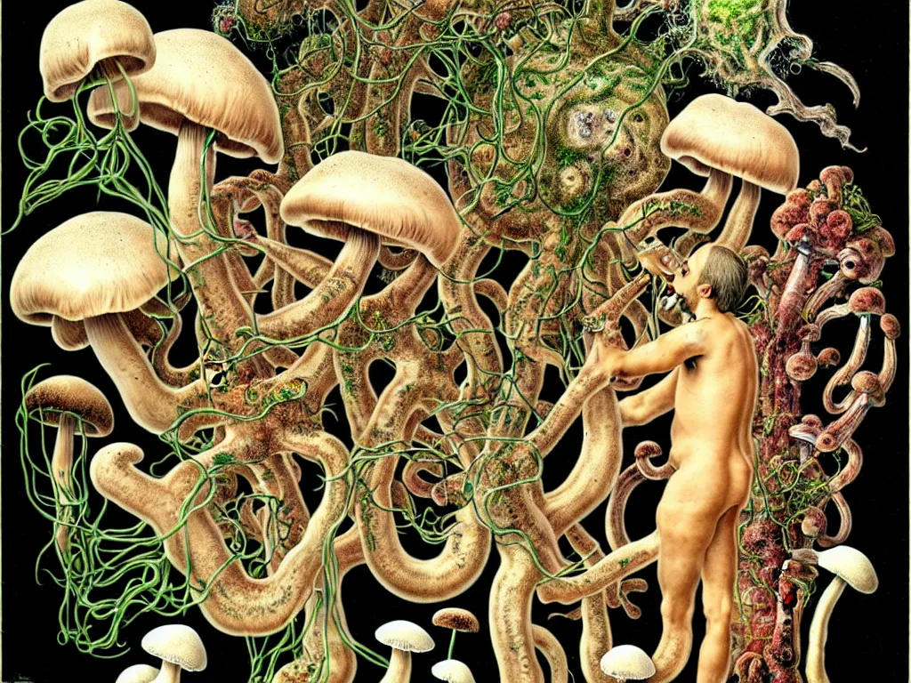 Image similar to human eating yourself with mushrooms, neo surrealism, art by ernst haeckel and daniel martin diaz