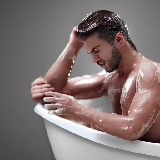 Image similar to man bathing in a tub full of nutella, dslr, 8 k, octane beautifully detailed render, cold lighting, cinematic lighting, detailed photo, masterpiece, volumetric lighting, ultra realistic, highly detailed, high quality, lossless, photorealistic