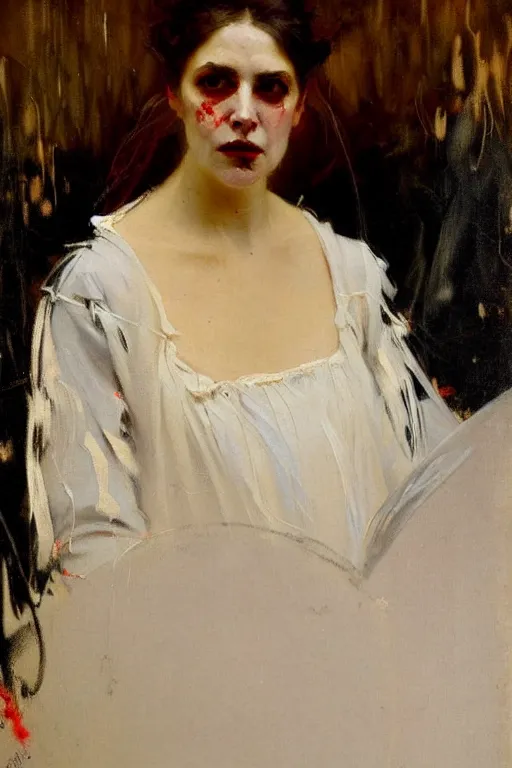 Image similar to impressionist brushstrokes!!!! solomon joseph solomon and richard schmid and jeremy lipking victorian loose genre loose painting full length portrait painting of a victorian vampire