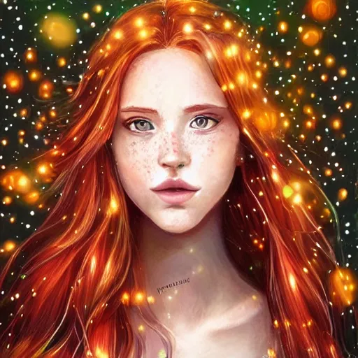 Image similar to photorealistic portrait of a red haired girl among fireflies, with a round beautiful face, amazed soft smile, long hair, green eyes, hint of freckles, golden ratio, intricate details, colorful digital art by artgerm