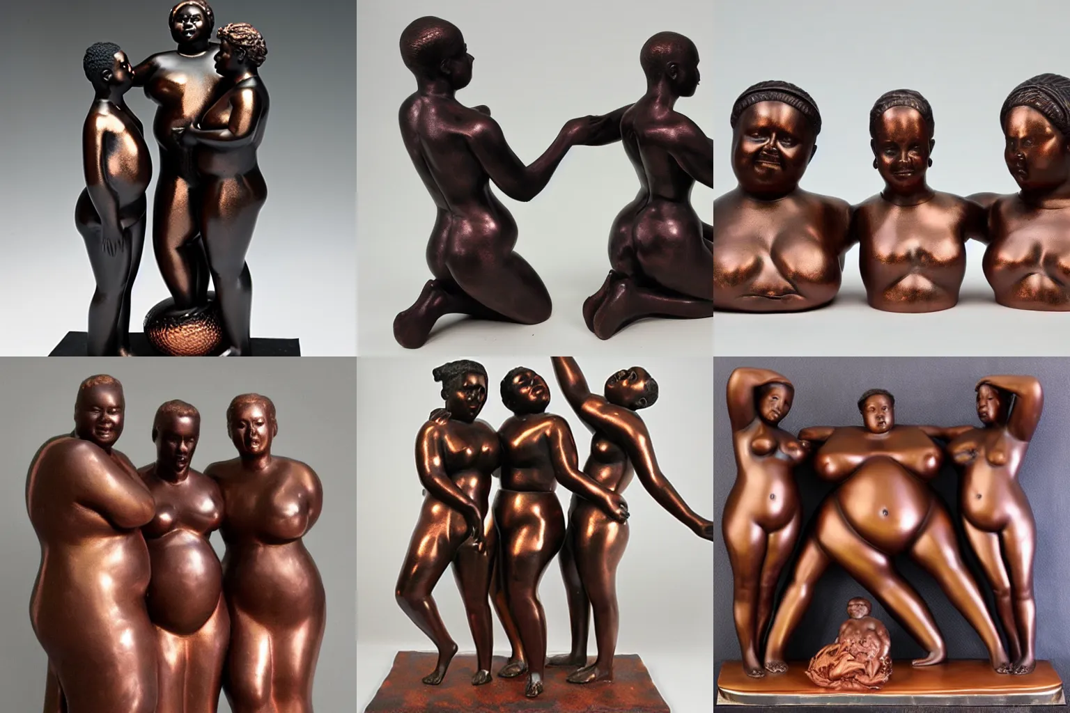 Prompt: copper sculpture of 3 beautiful fat black people caressing sensuously