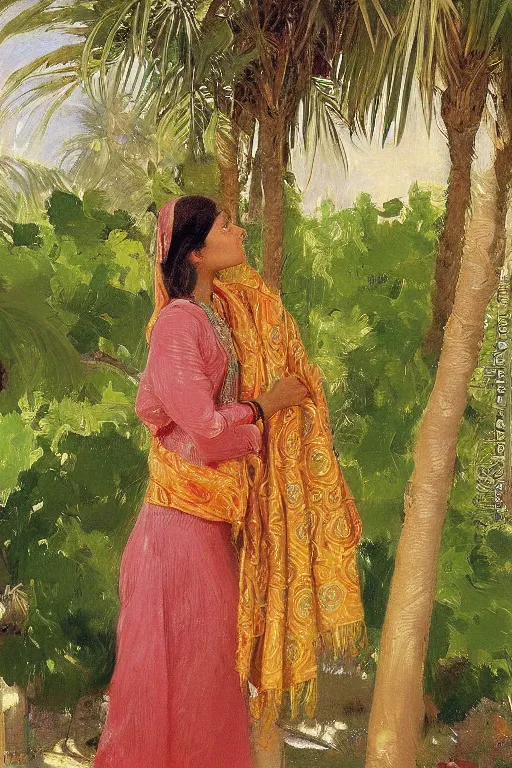 Image similar to a bakhtiari girl with golden detailed scarf set on a detailed persian carpet, tree palms in background, painting by john singer sargent