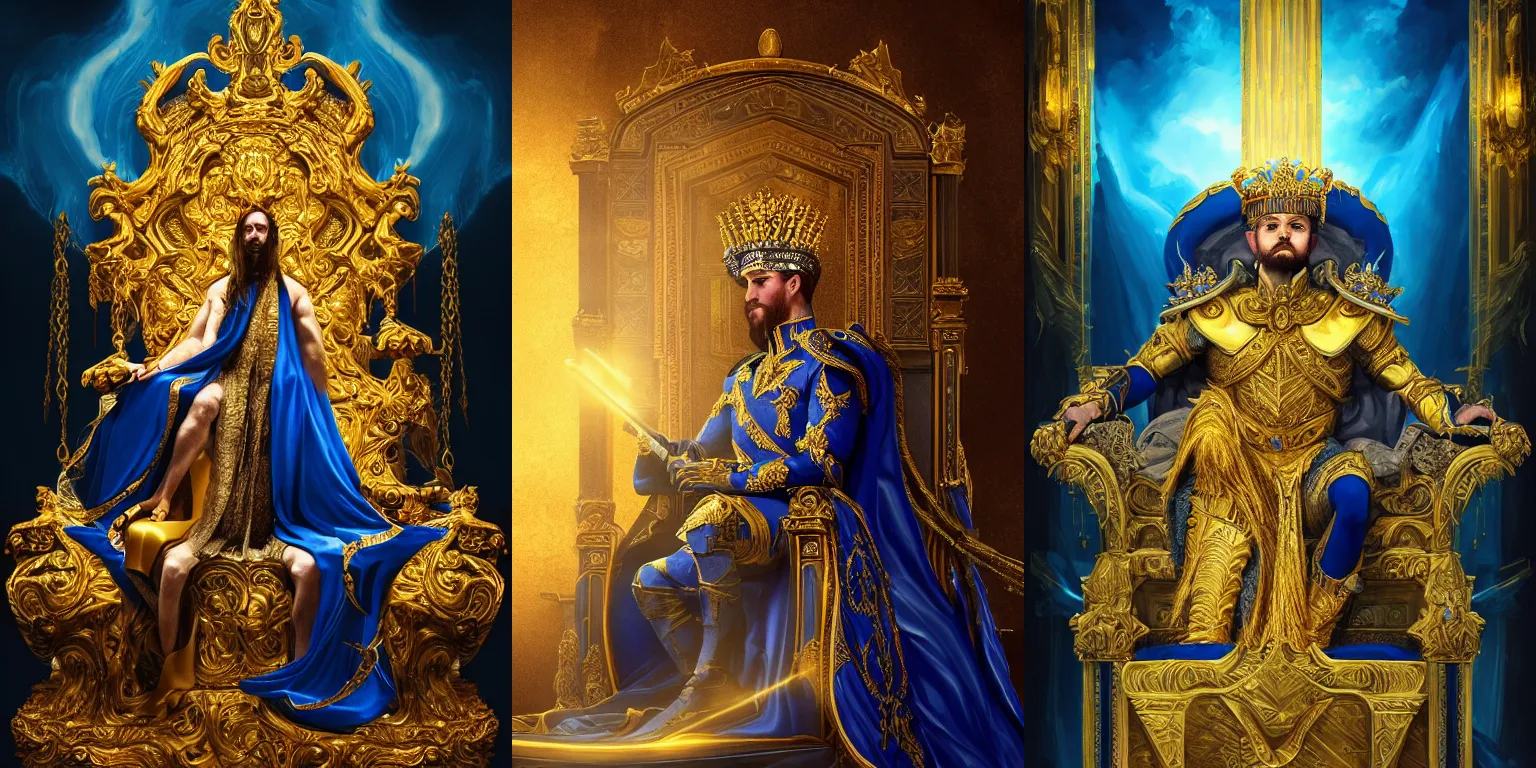 Prompt: Half-length portrait of the azur emperor sitting on its throne. Dramatic and atmospheric lighting. Gold and blue. Fantasy, digital art, HD, 4k, detailed.