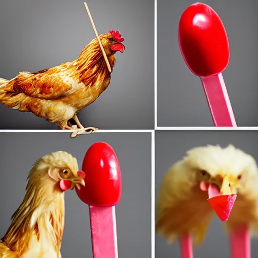 Prompt: a chicken impaled on a lolly stick, photo realistic