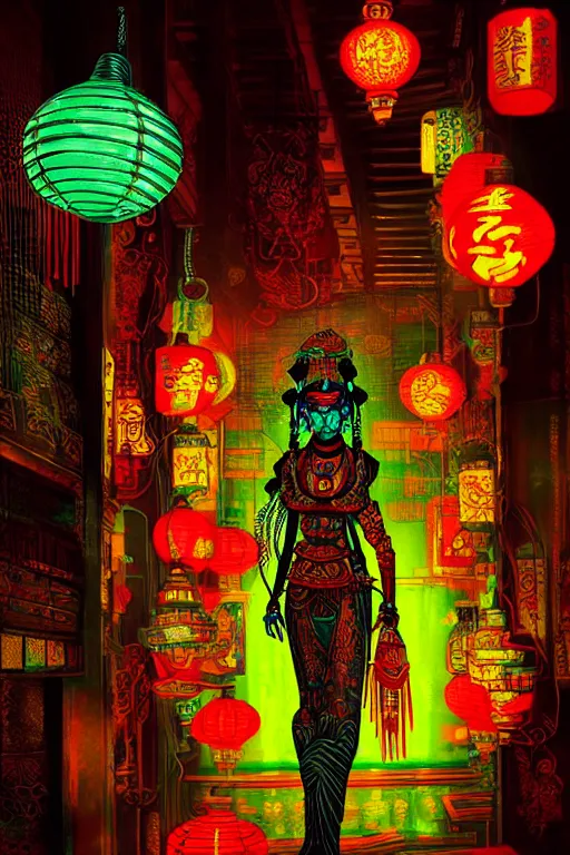 Prompt: a beautiful cyberpunk oriental deity, neon lanterns, intricate details, soft lighting, by warren louw,