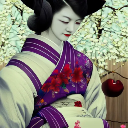 Prompt: extremely beautiful geisha gazing into camera lens, hyper realistic 3 d digital art, cherry blossom pedals floating around, trending on artstation