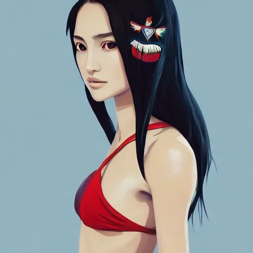 Prompt: a beautiful young japanese natalie portman alluring gravure model, stylized concept art, wearing elegant designer bomber jacket and one piece bikini, bomber jacket with mesoamerican patterns, mesoamerican native street fashion, princess mononoke, painted by ilya kuvshinov aesthetic, gorgeous, stunning, alluring, attractive, artstation, pinterest, digital art