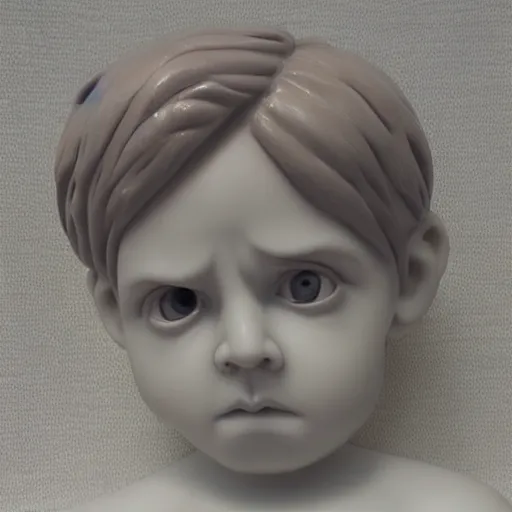 Image similar to portrait sculpt of sad angry child angel, muted colors, big eyes