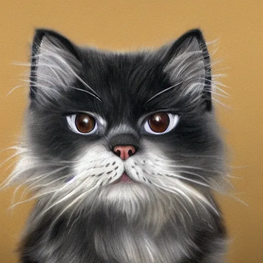 Image similar to a hyper realistic portrait of the persian cat. the persian cat has a determined expression and is holding a bazooka. highly detailed and trending on art station.
