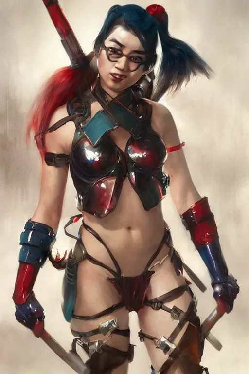 Image similar to portrait of asian Harley Quinn in bikini armor, dc comics, cyberpunk, Warhammer 40000, dark fantasy, digital art from artstation by Ruan Jia and Mandy Jurgens and Artgerm and william-adolphe bouguereau