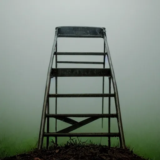 Prompt: a ghostly hand holding a metal step ladder emerges from the mist