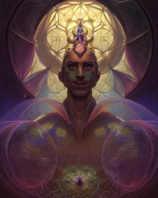 Image similar to front shot of a court jester character, hyperdimensional, bioluminescent ethereal hypercubes, ((intricate)), elegant, highly detailed, centered, (((artstation, concept art, smooth, sharp focus, artgerm, Tomasz Alen Kopera, Peter Mohrbacher, donato giancola, Joseph Christian Leyendecker, WLOP, Boris Vallejo))), mugshot!!!!!, ugly!!!!!!, octane render, nvidia raytracing demo, grainy, muted