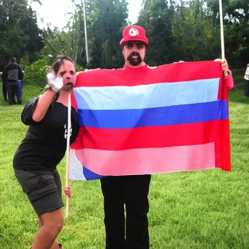 Image similar to Jeffy from super Mario Logan holding up a transgender flag