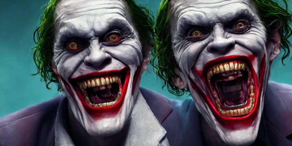 Image similar to Willem Dafoe as the joker laughing at you, Darek Zabrocki, Karlkka, Jayison Devadas, Phuoc Quan, trending on Artstation, 8K, ultra wide angle, pincushion lens effect.