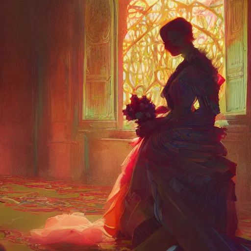 Prompt: colorful illustration of lady at a wedding, intricate complexity, by greg rutkowski, artgerm. 4 k, beautiful, cinematic dramatic atmosphere