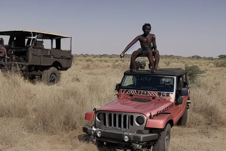 Prompt: cinematography police sitting on jeep in Africa by Emmanuel Lubezki