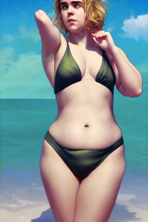 Prompt: very noticeably obese kiernan shipka with belly in swimsuit, realistic, symmetrical, highly detailed, digital painting, artstation, concept art, smooth, sharp focus, illustration, cinematic lighting, art by artgerm and greg rutkowski and alphonse mucha