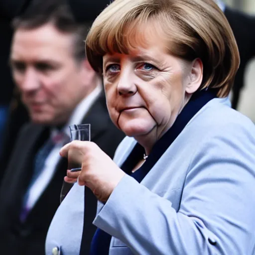 Image similar to angela merkel posing like a slav, drinking vodga