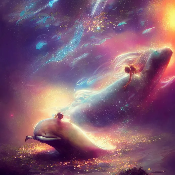 Image similar to glimmering whale, flowing dress, flowers, cosmos, milky way galaxy, golden hour, god rays, coral reef, dreamscape by artgerm and ruan jia and ismail inceoglu and greg olsen, masterpiece, beautiful, intricate, elegant, highly detailed