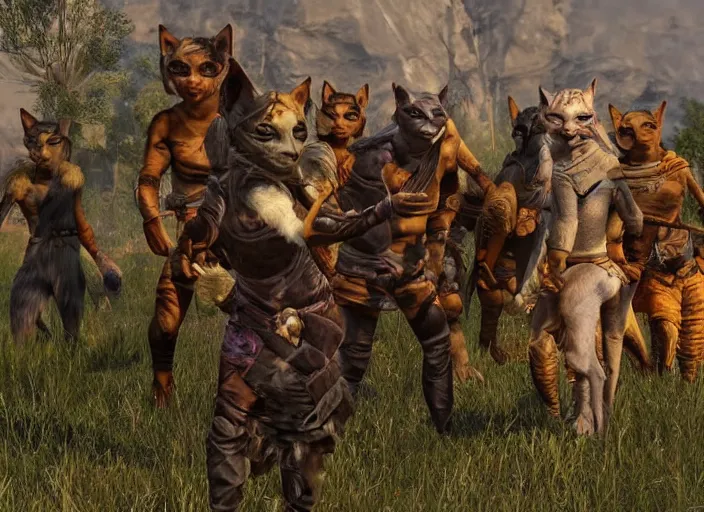 Prompt: A direct demonstration of how spontaneously petting a Khajiit caravanner right between the ears can lead to receiving an expression of bemusement.