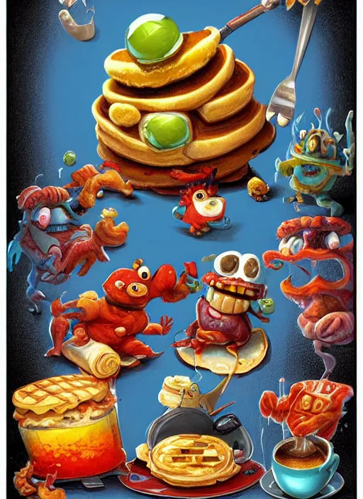 good morning pancake and coffee monsters , breakfast Stable Diffusion
