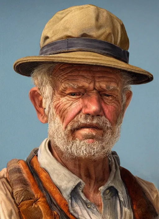 Image similar to realistic renderings of very old fisher man portrait with a hat, port scene background, astonishing scenes, detailed, photorealism