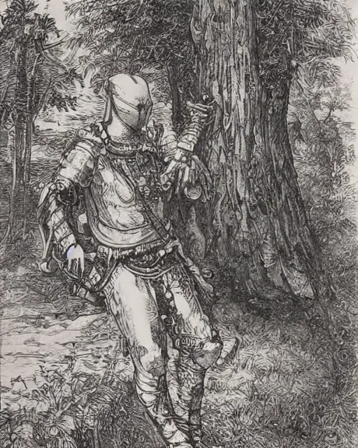 Prompt: an engraving of a german knight standing by a tree by albrecht durer, gustave dore, ian miller ( 1 5 1 2 ), highly detailed, lithoraph engraving, tatterdemalion
