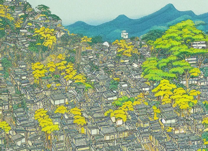 Prompt: japanese yellow fortress in a city inside the arashiyama forest by studio ghibli painting