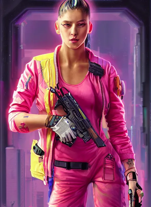 Image similar to beautiful cyberpunk female athlete wearing pink jumpsuit and yellow jacket. firing a futuristic red belt fed automatic pistol. ad poster for pistol. cyberpunk poster by james gurney, azamat khairov, and alphonso mucha. artstationhq. gorgeous face. painting with vivid color, cell shading. ( rb 6 s, cyberpunk 2 0 7 7 )