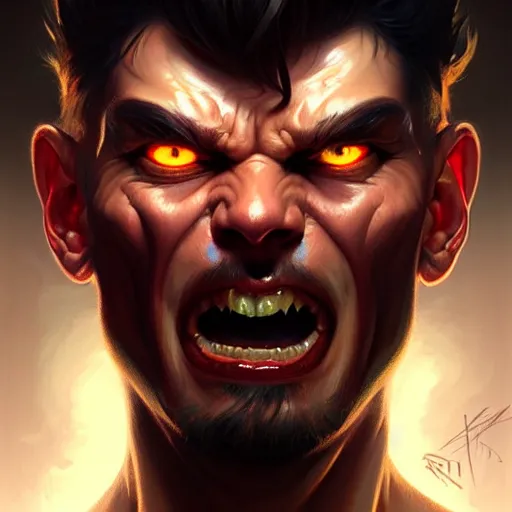 Prompt: face portrait of angry male demon screaming, realistic, high qulity, 4 k, sharp fucos, tranding on art station, illustration, art by artgerm and greg rutkowski and alphonse mucha