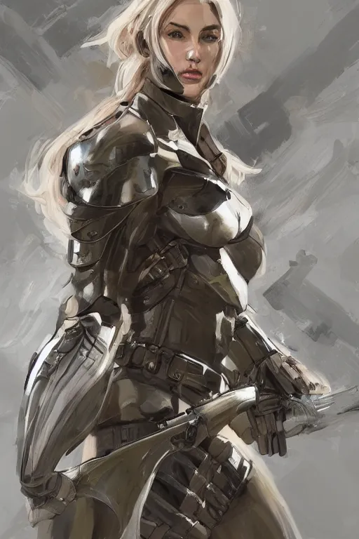 Image similar to a professionally painted portrait of an attractive young woman, clothed in military armor, olive skin, long dark hair, beautiful bone structure, symmetrical facial features, intricate, elegant, digital painting, trending on Artstation, concept art, smooth, sharp focus, illustration, from Metal Gear by Ruan Jia and Mandy Jurgens and Artgerm and William-Adolphe Bouguerea, award winning