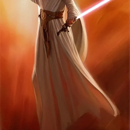 Image similar to Galadriel as a Jedi, mystical, half-body portrait, Lord of the Rings, Star Wars, science fantasy, portrait, highly detailed, digital painting, artstation, concept art, sharp focus, illustration, art by artgerm and greg rutkowski and magali villeneuve, red white and gold color scheme