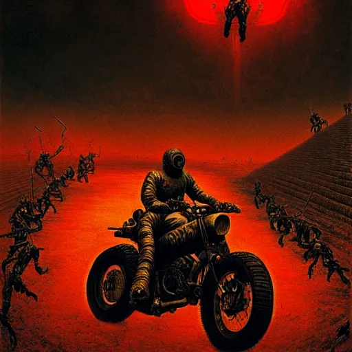 Image similar to motorbikers race in hell, pursued by demons, beksinski and tristan eaton, dark neon trimmed beautiful dystopian digital art