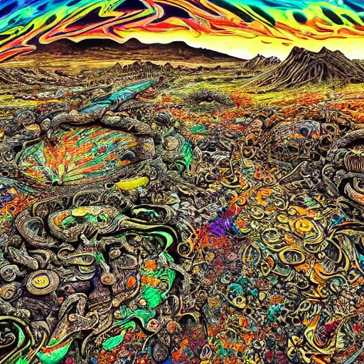 Image similar to psychedelic wasteland, intricate detail, hyperrealistic