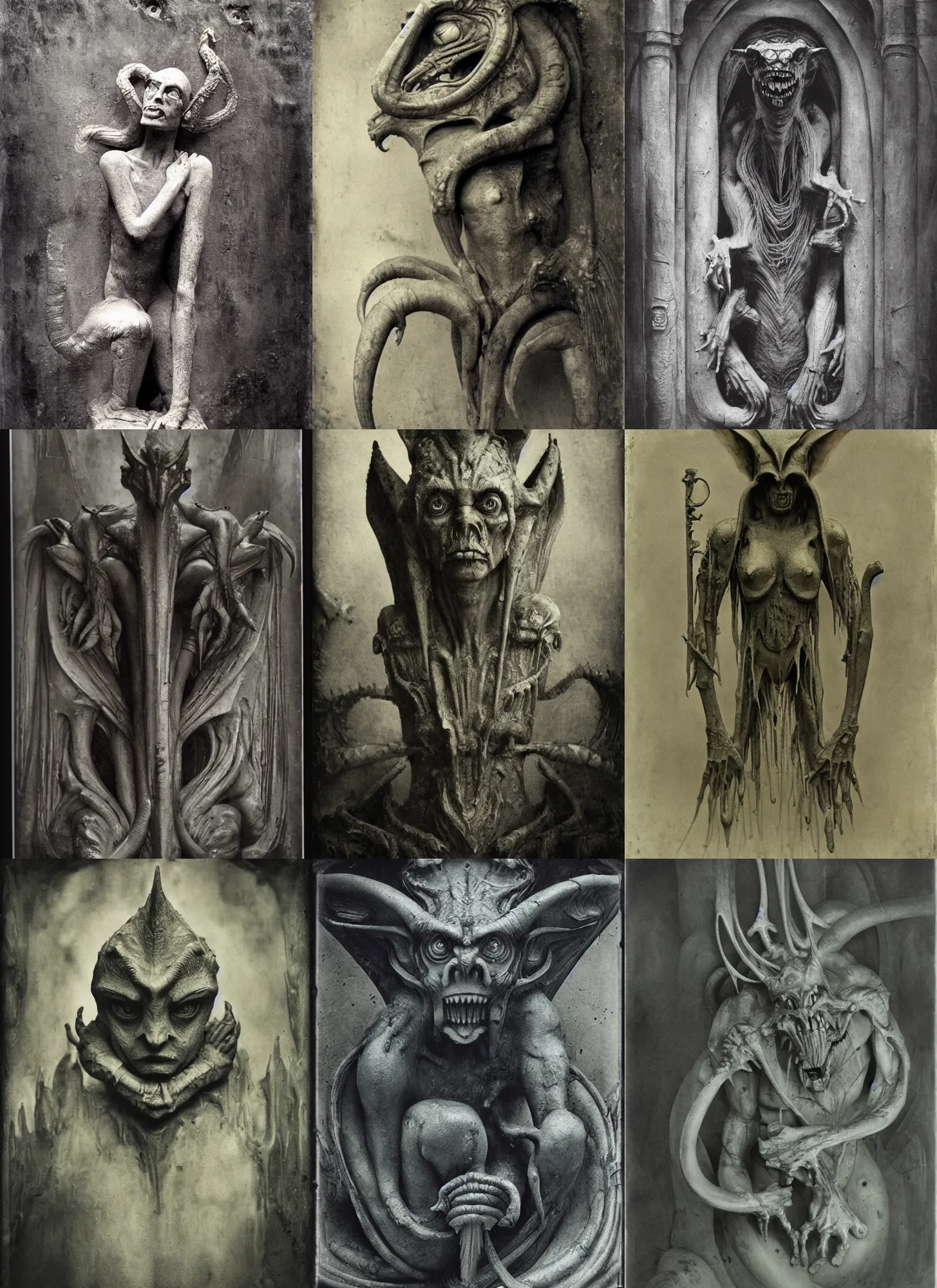 Prompt: wet plate photography of gargoyles, giger, beksinski, barlowe