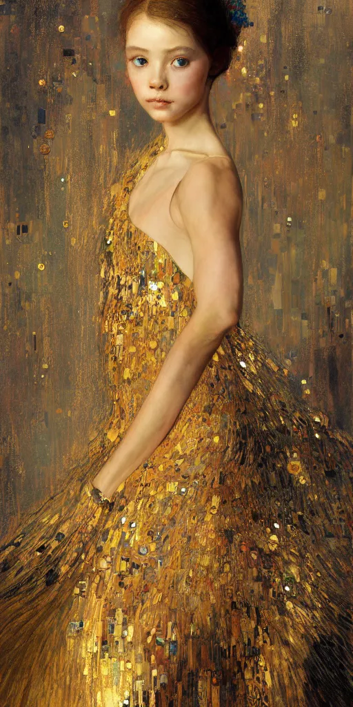 Image similar to an intricate portrait painting of an artistic pose young beautiful ballerina, klimt golden motives and textures, hyper - detailed, octane render, vivid colors, artstation, by jeremy mann, by gustav klimt