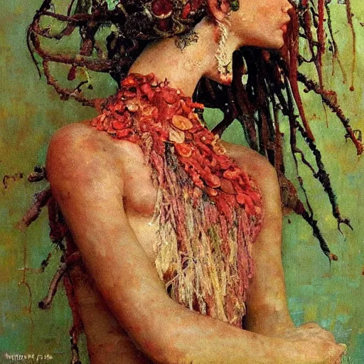 Prompt: a sculpture portrait made of seaweed and coral and shells and lilies, painting part by wojciech siudmak, part by ilya repin, part by max ernst, part by norman rockwell, artstation