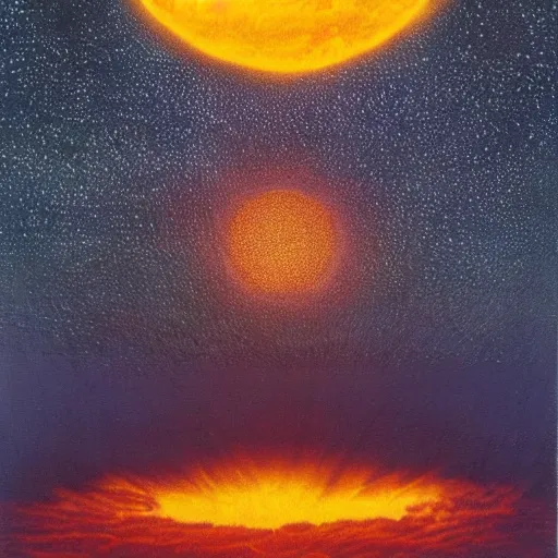 Prompt: sun collapsing moon on fire by david a. hardy