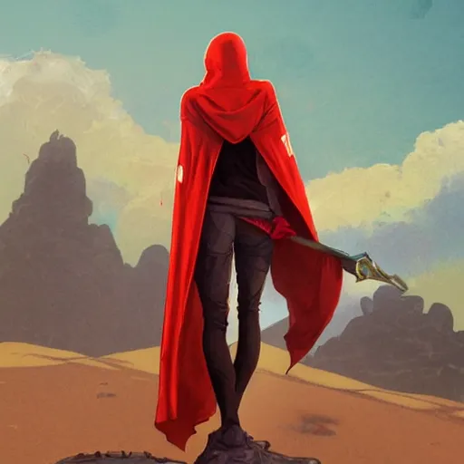 Image similar to view from the back warrior holding two swords, full body worn out torn cape, red hoodie, worn out clothes, floating spiral sand, desert, full body shot, anime style, 90's modern art, art by artgerm and greg rutkowski and alphonse mucha