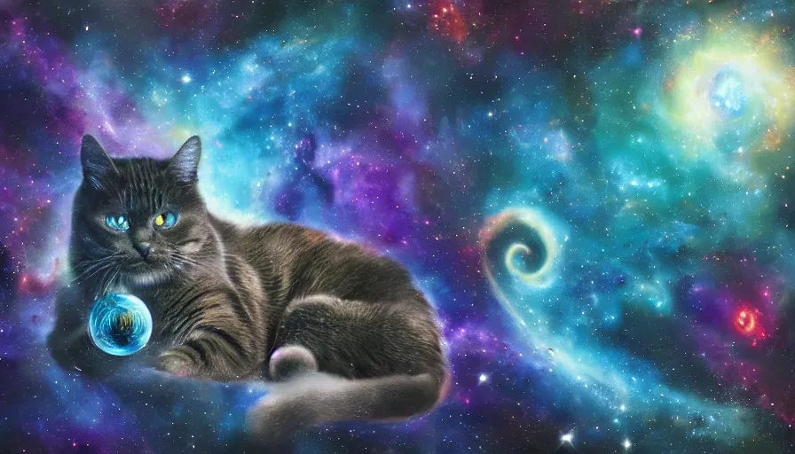 Prompt: cat god swimming in between galaxies, painting, detailed, heavenly, 4 k