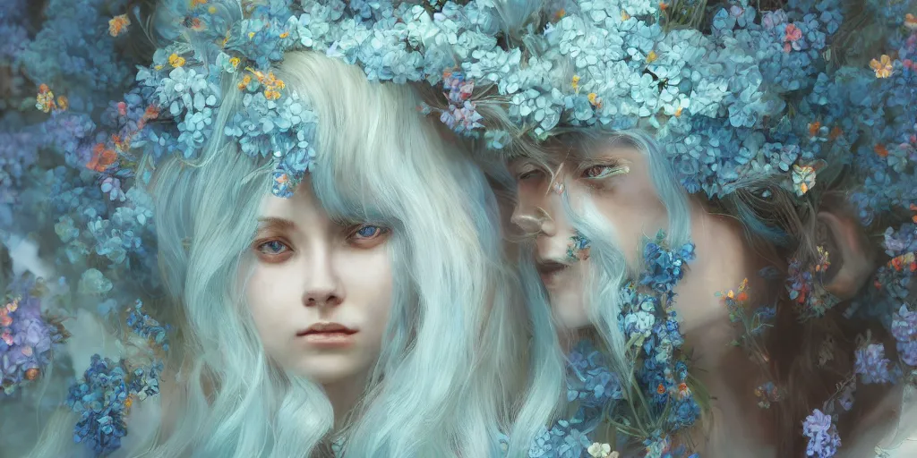 Image similar to breathtaking detailed concept art painting portrait of the hugs goddess of light blue flowers, carroty hair, orthodox saint, with anxious piercing eyes, ornate background, amalgamation of leaves and flowers, by hsiao - ron cheng, extremely moody lighting, 8 k