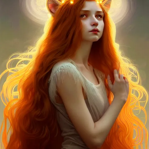 Image similar to Portrait of a girl angel with pale orange colored frizzy strands of illuminated hair, cat ears on her head, glowing halo, Lion's Mane, fantasy, intricate, elegant, highly detailed, digital painting, artstation, concept art, smooth, sharp focus, illustration, art by Krenz Cushart and Artem Demura and alphonse mucha