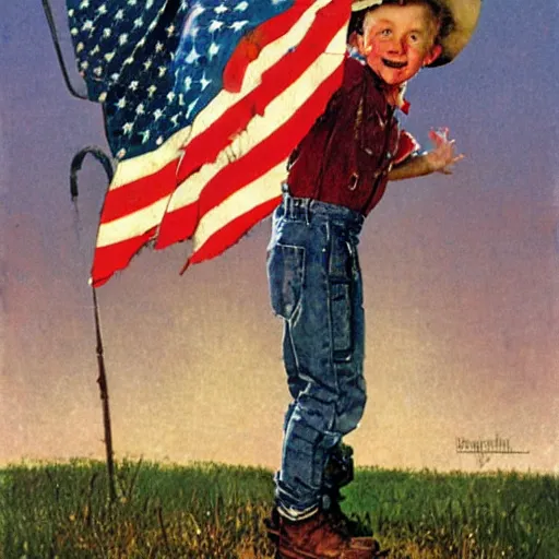 Image similar to illustration of a little country boy waving the american flag, by norman rockwell