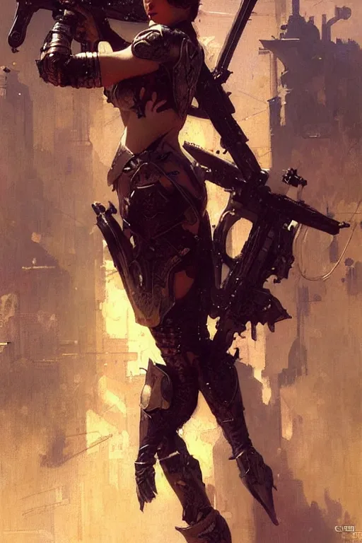 Image similar to futuristic women with medieval armor, holding a gun, painting by gaston bussiere, craig mullins, greg rutkowski, yoji shinkawa