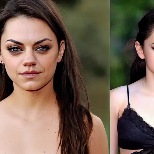 Image similar to a woman who is a genetic combination of mila kunis and emma watson face and upper - body focus