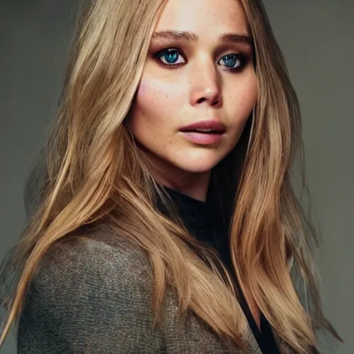 Image similar to a woman who is a genetic combination of jennifer lawrence and elizabeth olsen face and upper - body focus