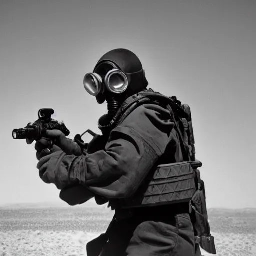 Image similar to a heavily armored man wearing a gasmask walking through a desert, coral in background, film still, arriflex 3 5