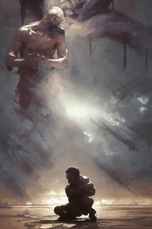 Image similar to man kneeling at the foot of a wooden cross, dramatic lighting art by Yoji Shinkawa by Richard Schmid by greg rutkowski by Sandra Chevrier by Jeremy Lipking cinematic dramatic, by frank miller, illustration by Ruan Jia and Mandy Jurgens and William-Adolphe Bouguereau, Artgerm, 4k, digital art, surreal, space dandy style, highly detailed, godsend, artstation, digital painting, concept art, smooth, sharp focus, illustration by Ruan Jia and Mandy Jurgens and William-Adolphe Bouguereau, Artgerm