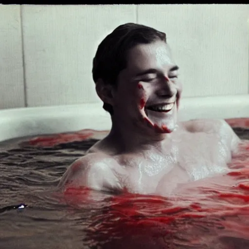 Image similar to a man smiling while taking a bath in blood