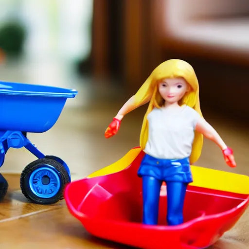 Prompt: plastic figure, Hot Wheels, a wheelbarrow